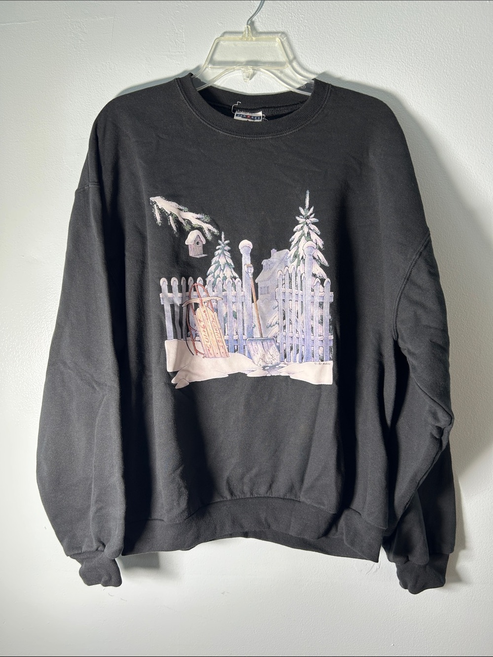 Vintage Air Waves Jerzees Black Crewneck Sweatshirt with Pastel Winter Scene